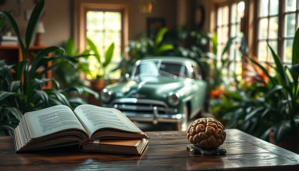 A serene indoor space showcasing a vintage car surrounded by lush greenery and calming decor, symbolizing neurological well-being and cognitive stimulation. In the foreground, an antique wooden desk holds an open book and brain-shaped decorative items, hinting at intellectual pursuits. The middle ground features the vintage car, with glossy paint and soft natural lighting illuminating its details, evoking nostalgia and joy. The background reveals soft, blurred plants and windows allowing gentle sunlight to filter in, creating a warm and inviting atmosphere. The overall mood is peaceful and reflective, accentuated by soft shadows and a harmonious color palette of greens, browns, and warm tones, inviting viewers to contemplate the benefits of past experiences on mental well-being.
