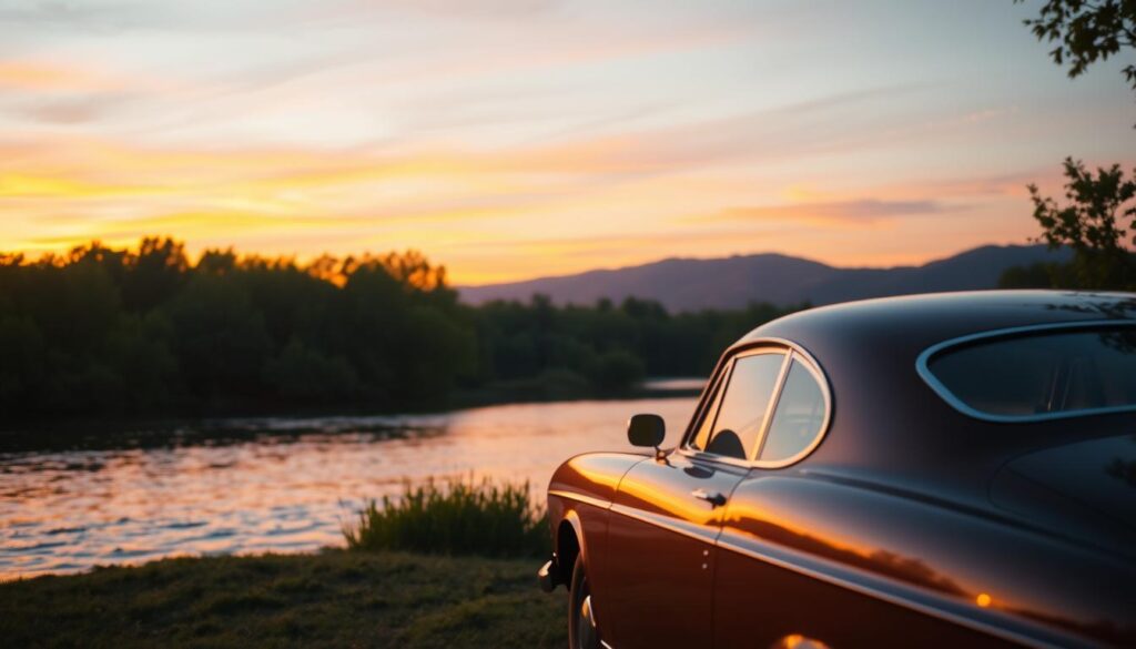 A serene scene depicting a vintage car parked near a tranquil lakeside at sunset. In the foreground, the car is an elegant classic model, gleaming in soft golden light. The middle ground features a gentle flow of water reflecting the vibrant hues of the sky, with a few small ripples disturbed by a light breeze. Surrounding the lake are lush, green trees, evoking a sense of tranquility and permanence. In the background, distant hills fade into a purple twilight. The atmosphere is peaceful, encouraging relaxation and digital disconnection. The lighting is warm and soft, creating a cozy ambiance as the sun sets, with a shallow depth of field focusing on the car while gently blurring the background for an inviting perspective.