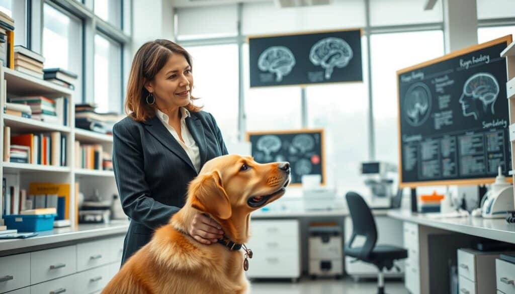A professional neuroscientist, Dr. Jo Furlan, is depicted in a modern laboratory surrounded by scientific equipment. She is dressed in a smart, business-casual outfit, such as a tailored blouse and smart trousers. In the foreground, Dr. Furlan is engaged in thoughtful conversation with a pet, such as a Labrador retriever, emphasizing the connection between humans and animals. In the middle ground, shelves filled with neuroscience books and a chalkboard displaying brain diagrams add context to her work. The background features large windows allowing natural light to flood the room, creating a warm and inviting atmosphere. The overall mood is one of curiosity and warmth, highlighting the benefits of pets on mental health through the lens of neuroscience.