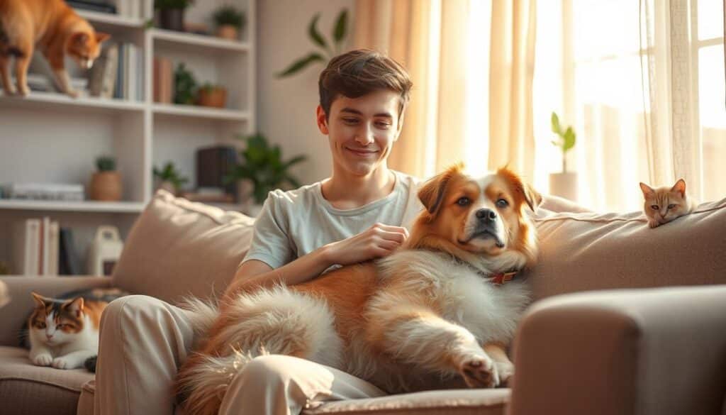 A serene indoor scene depicting a cozy living room setting, where a young adult, casually dressed, sits comfortably on a soft couch, petting a fluffy dog. The expression on their face radiates warmth and calmness, showcasing the emotional bond with the pet. Sunlight filters through sheer curtains, creating a warm glow that enhances the inviting atmosphere. In the background, shelves with books and plants suggest a nurturing environment. A subtle hint of a cat lounging nearby adds to the sense of companionship. The overall mood is soothing, reflecting comfort and connection, symbolizing how pets combat depression and social isolation, promoting mental well-being. Focus on natural, soft lighting and a vivid yet calming color palette to emphasize tranquility.