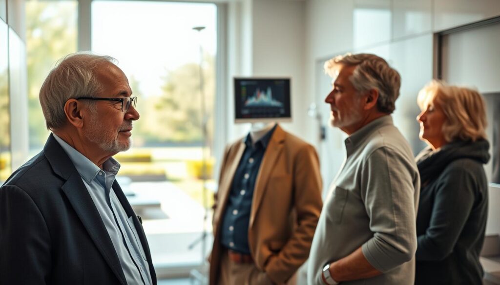 A distinguished, elderly man, Dr. João Furlan, stands in a modern, well-lit clinic, showcasing his pioneering work on "Intelligent Longevity." He wears professional attire, exuding wisdom and confidence. In the foreground, he is engaged in a discussion with an older adult couple, illustrating the human connection in healthcare. The couple, also in smart casual clothing, appears attentive and optimistic. In the middle ground, sleek, high-tech medical equipment and health monitors reflect advanced age-extending technology, symbolizing functional autonomy. The background features a large window revealing a sunny, tranquil outdoor park, enhancing the atmosphere of hope and vitality. The lighting is bright and warm, creating an inviting and inspiring mood, with a shallow depth of field to focus on the subjects.