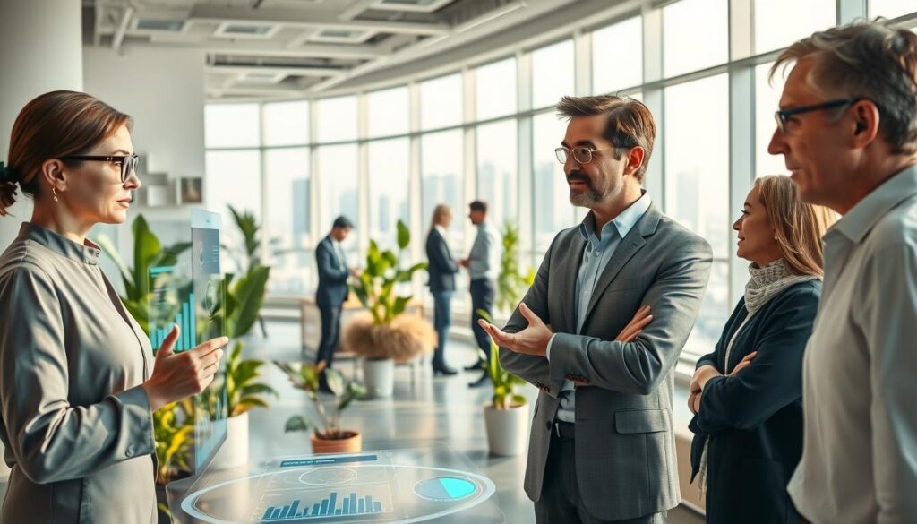 A futuristic scene illustrating "intelligent longevity," featuring a diverse group of professionals in smart, modest clothing engaged in meaningful conversation in a bright, airy workspace filled with plants and natural light. In the foreground, a middle-aged woman with glasses is reviewing data on a sleek holographic display, while a middle-aged man gestures towards a digital chart displayed on the wall. In the middle ground, a relaxed atmosphere with additional team members brainstorming, surrounded by private green spaces and modern furniture. The background showcases a panoramic window revealing a city skyline, symbolizing progress and innovation. The mood is collaborative and inspiring, emphasizing hope and vitality, captured with warm lighting that bathes the scene, enhancing the sense of well-being and focus.