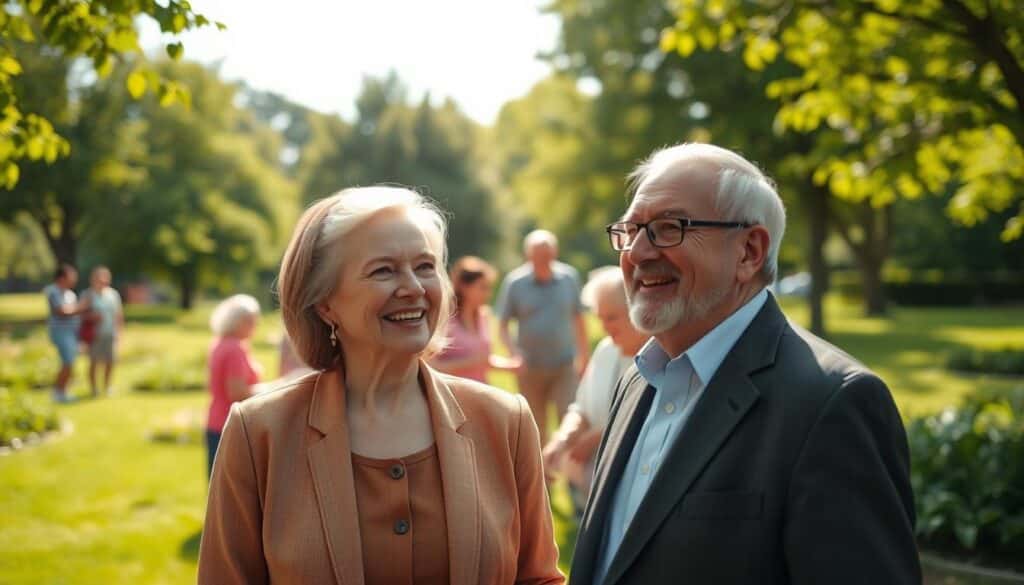 A serene and inspiring scene depicting "intelligent longevity." In the foreground, an elderly couple in professional business attire, smiling and engaged in conversation, reflecting vitality and purpose. In the middle ground, a diverse group of older adults participating in a community engagement activity, showcasing collaboration and learning. The background features a lush, vibrant park filled with greenery, symbolizing health and natural beauty, under a bright, sunny sky. Soft, warm lighting casts gentle shadows, creating an inviting and uplifting atmosphere. The angle is slightly elevated, capturing the joyful expressions and interactions. The overall mood is one of optimism and connection, representing the essence of intelligent longevity. A serene and inspiring scene depicting "intelligent longevity." In the foreground, an elderly couple in professional business attire, smiling and engaged in conversation, reflecting vitality and purpose. In the middle ground, a diverse group of older adults participating in a community engagement activity, showcasing collaboration and learning. The background features a lush, vibrant park filled with greenery, symbolizing health and natural beauty, under a bright, sunny sky. Soft, warm lighting casts gentle shadows, creating an inviting and uplifting atmosphere. The angle is slightly elevated, capturing the joyful expressions and interactions. The overall mood is one of optimism and connection, representing the essence of intelligent longevity.