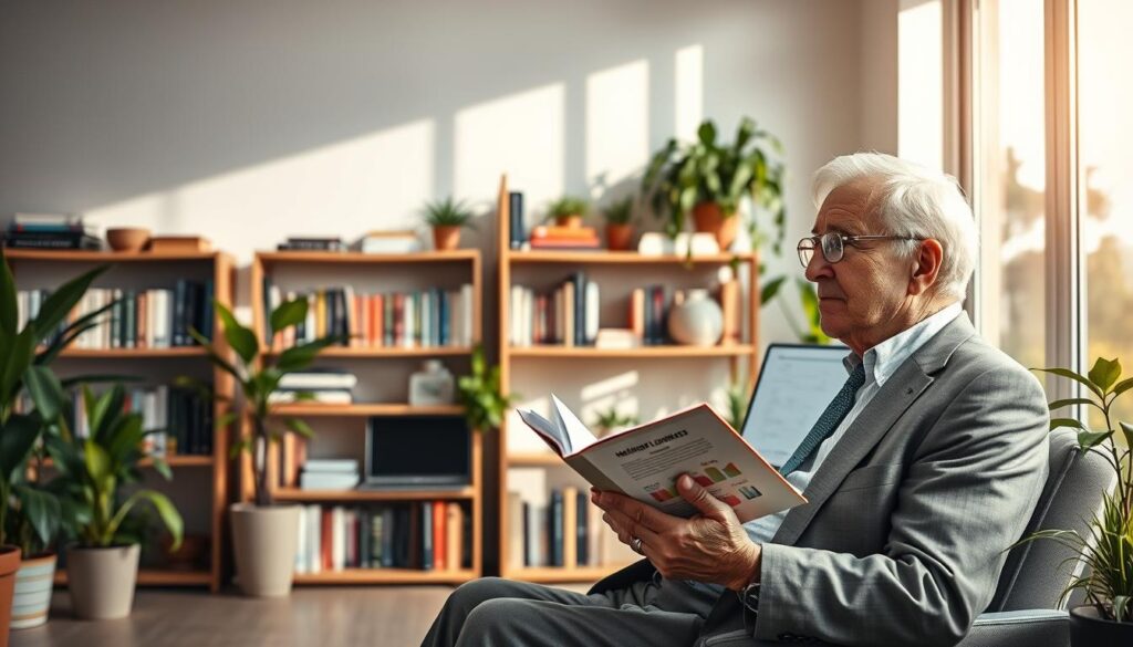 A serene and thoughtful scene representing "Intelligent Longevity," featuring an elderly individual in professional attire sitting in a bright, modern office filled with plants and soothing colors. The foreground showcases the individual, a wise-looking person with silver hair and glasses, engaged in reading a book about health and wellness, symbolizing wisdom and knowledge. In the middle ground, shelves filled with books on nutrition and science, along with a laptop displaying charts that highlight the importance of mental health and physical well-being. The background features a large window with natural light streaming in, casting soft shadows, creating a warm and inviting atmosphere. The overall mood is calm and inspiring, reflecting the idea of proactive aging through informed choices. A serene and thoughtful scene representing "Intelligent Longevity," featuring an elderly individual in professional attire sitting in a bright, modern office filled with plants and soothing colors. The foreground showcases the individual, a wise-looking person with silver hair and glasses, engaged in reading a book about health and wellness, symbolizing wisdom and knowledge. In the middle ground, shelves filled with books on nutrition and science, along with a laptop displaying charts that highlight the importance of mental health and physical well-being. The background features a large window with natural light streaming in, casting soft shadows, creating a warm and inviting atmosphere. The overall mood is calm and inspiring, reflecting the idea of proactive aging through informed choices.