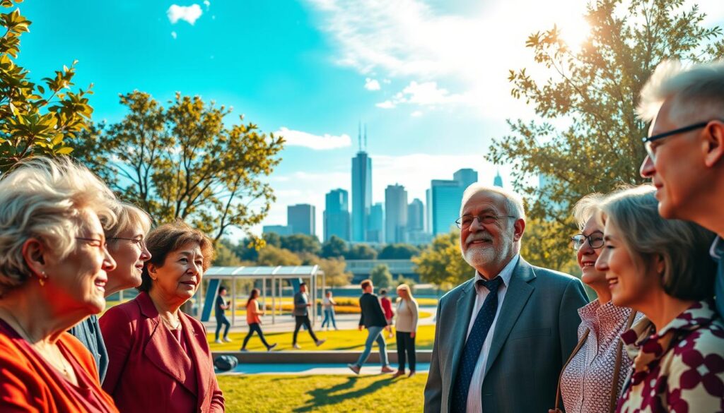 A vibrant and engaging scene depicting the concept of "Intelligent Longevity." In the foreground, a diverse group of older adults, dressed in professional business attire, are actively engaged in a discussion. Their expressions are animated, showcasing enthusiasm and wisdom. In the middle ground, there are elements like a contemporary park with fitness stations and healthy people exercising, reflecting an active lifestyle. The background features a modern city skyline under a bright blue sky, symbolizing progress and opportunity. Soft, warm lighting filters through the trees, creating a welcoming atmosphere. The overall mood is inspiring, conveying a sense of empowerment and vitality associated with aging, illustrating the topic of autonomy and independence in later life.