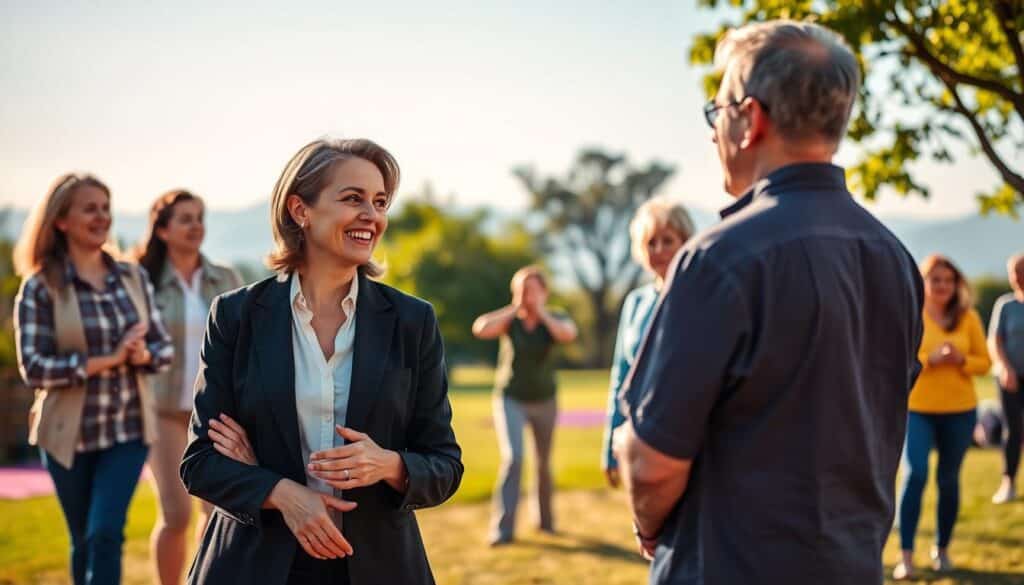 A vibrant, serene scene depicting a diverse group of middle-aged individuals engaged in various activities symbolizing healthy longevity. In the foreground, a confident, smiling woman in professional attire is sharing ideas with another individual, symbolizing collaboration and purpose. The middle ground features a lush green park where others participate in a yoga class, showcasing physical well-being, while another group enjoys a lively discussion, emphasizing community. The background includes a clear blue sky and distant mountains, representing tranquility and a bright future. Soft, warm lighting enhances the hopeful atmosphere, suggesting rejuvenation and lifelong vitality. The image captures the essence of living longer through purpose and community without any text or distractions. A vibrant, serene scene depicting a diverse group of middle-aged individuals engaged in various activities symbolizing healthy longevity. In the foreground, a confident, smiling woman in professional attire is sharing ideas with another individual, symbolizing collaboration and purpose. The middle ground features a lush green park where others participate in a yoga class, showcasing physical well-being, while another group enjoys a lively discussion, emphasizing community. The background includes a clear blue sky and distant mountains, representing tranquility and a bright future. Soft, warm lighting enhances the hopeful atmosphere, suggesting rejuvenation and lifelong vitality. The image captures the essence of living longer through purpose and community without any text or distractions.