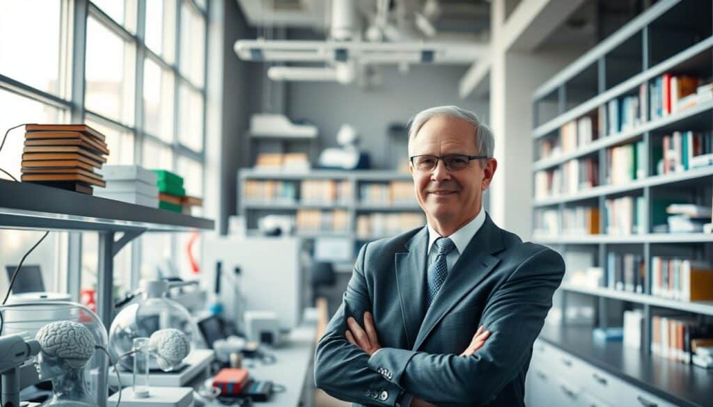 Dr. Jo Furlan, a distinguished scientist in the field of intelligent longevity, stands confidently in a modern, well-lit laboratory filled with high-tech equipment and research materials. He is dressed in a smart, professional suit, projecting an aura of expertise and innovation. In the foreground, he examines advanced longevity research models. The middle ground features shelves lined with books on neuroscience and health, emphasizing his dedication to the field. The background showcases a large window allowing natural light to flood in, symbolizing enlightenment and hope for the future. The atmosphere is inspiring and optimistic, reflecting breakthroughs in health and wellness. The image should be captured with a shallow depth of field to keep the focus on Dr. Furlan while softly blurring the surroundings.
