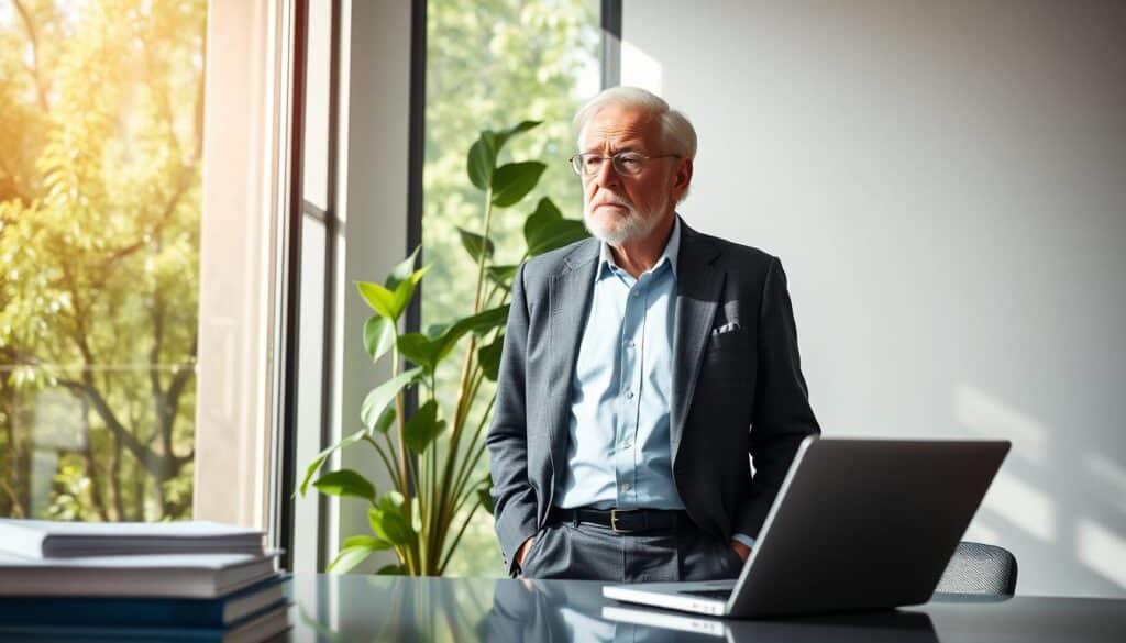 In a bright, modern office setting, Dr. João Furlan, an elderly gentleman with a wise expression, is engaged in a thoughtful discussion, standing beside a large window. He is wearing a smart, tailored suit that reflects professionalism. The foreground features a sleek desk with health-related books and a laptop. In the background, lush greenery can be seen through the glass, symbolizing growth and longevity. Soft sunlight filters into the room, creating a warm and inviting atmosphere, with thoughtful shadows adding depth. The camera angle captures Dr. Furlan from a slightly lower perspective, emphasizing his authority and wisdom in the field of intelligent longevity. The image radiates an aura of calm, dedication, and a forward-thinking spirit focused on lifelong wellness. In a bright, modern office setting, Dr. João Furlan, an elderly gentleman with a wise expression, is engaged in a thoughtful discussion, standing beside a large window. He is wearing a smart, tailored suit that reflects professionalism. The foreground features a sleek desk with health-related books and a laptop. In the background, lush greenery can be seen through the glass, symbolizing growth and longevity. Soft sunlight filters into the room, creating a warm and inviting atmosphere, with thoughtful shadows adding depth. The camera angle captures Dr. Furlan from a slightly lower perspective, emphasizing his authority and wisdom in the field of intelligent longevity. The image radiates an aura of calm, dedication, and a forward-thinking spirit focused on lifelong wellness.