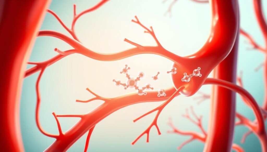 A detailed, scientifically-inspired illustration of the role of cortisol in arteries. In the foreground, a close-up view of healthy arteries with a dynamic, flowing blood representation, highlighting the effects of cortisol. The middle layer depicts cortisol molecules interacting with arterial walls, showcasing the physiological processes. In the background, a soft gradient of light blue and green, suggesting a calm and healthy circulatory system. The lighting is bright and illuminating, enhancing the clarity of the arterial structure, with a shallow depth of field to focus on the foreground details. The mood is informative and engaging, conveying a sense of scientific exploration and understanding. No text or additional elements present to keep the focus on the imagery.