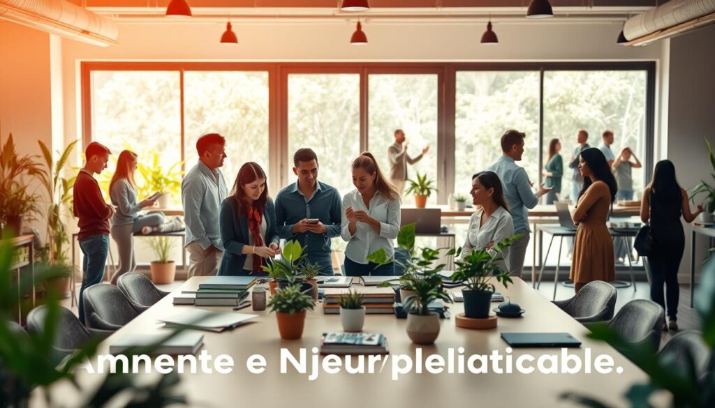 A harmonious and vibrant workspace illustrating the concept of "Ambiente e Neuroplasticidade." In the foreground, a diverse group of professionals in modest casual clothing engage in collaborative discussions around a large table filled with plants, books, and digital devices. The middle ground features a bright, open office with large windows allowing natural light to flood in, showcasing greenery outside to symbolize the influence of nature on brain health. In the background, soft-focus silhouettes of people engaging in social activities, such as meditation and creative brainstorming, represent the social factors impacting neuroplasticity. The overall atmosphere is inspiring and dynamic, with a warm color palette to evoke a sense of positivity and growth. A slight depth of field emphasizes the connection between environment and cognitive adaptability. A harmonious and vibrant workspace illustrating the concept of "Ambiente e Neuroplasticidade." In the foreground, a diverse group of professionals in modest casual clothing engage in collaborative discussions around a large table filled with plants, books, and digital devices. The middle ground features a bright, open office with large windows allowing natural light to flood in, showcasing greenery outside to symbolize the influence of nature on brain health. In the background, soft-focus silhouettes of people engaging in social activities, such as meditation and creative brainstorming, represent the social factors impacting neuroplasticity. The overall atmosphere is inspiring and dynamic, with a warm color palette to evoke a sense of positivity and growth. A slight depth of field emphasizes the connection between environment and cognitive adaptability.