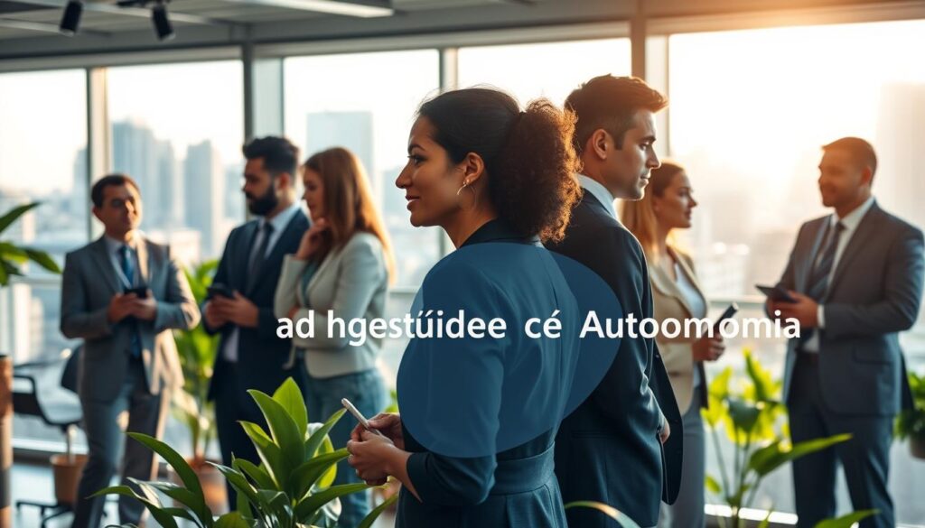 A harmonious representation of the "Tríade da Longevidade e Autonomia," illustrating three interconnected elements: health, performance, and independence. In the foreground, a diverse group of individuals in professional business attire, engaging in discussions and collaborative activities, embodying teamwork and vitality. The middle layer features a modern, well-lit office environment with green plants, symbolizing life and growth. In the background, large windows reveal a vibrant cityscape, showcasing the dynamic nature of urban life. Soft, natural lighting stream in, enhancing the warmth and positivity of the scene. The atmosphere exudes inspiration, motivation, and the promise of a fulfilling, autonomous life. The composition invites viewers to reflect on achieving longevity through smart performance in daily routines.