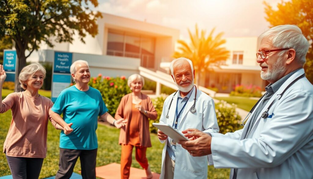 A modern healthcare innovation scene focusing on elderly care, showcasing a diverse group of senior citizens engaged in various health and wellness activities. In the foreground, depict a senior couple practicing yoga in a sunlit park, their expressions reflecting joy and vitality, dressed in modest activewear. In the middle ground, a healthcare professional in a lab coat consults with a senior man, using a tablet to discuss personalized health plans, surrounded by greenery and wellness signage. The background features a community center promoting health initiatives, vibrant flowers, and clear blue skies, enhancing the atmosphere of optimism and stability. The lighting is warm and inviting, casting soft shadows, capturing the essence of a progressive, health-conscious environment dedicated to enhancing the quality of life for the elderly. A modern healthcare innovation scene focusing on elderly care, showcasing a diverse group of senior citizens engaged in various health and wellness activities. In the foreground, depict a senior couple practicing yoga in a sunlit park, their expressions reflecting joy and vitality, dressed in modest activewear. In the middle ground, a healthcare professional in a lab coat consults with a senior man, using a tablet to discuss personalized health plans, surrounded by greenery and wellness signage. The background features a community center promoting health initiatives, vibrant flowers, and clear blue skies, enhancing the atmosphere of optimism and stability. The lighting is warm and inviting, casting soft shadows, capturing the essence of a progressive, health-conscious environment dedicated to enhancing the quality of life for the elderly.