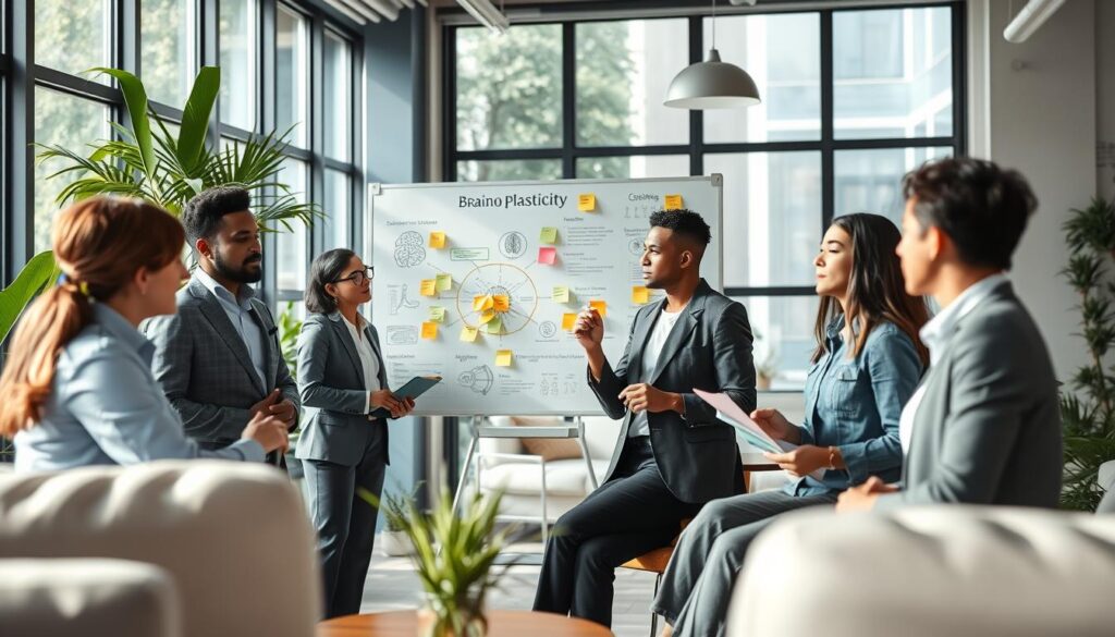 A modern workspace filled with elements that promote brain plasticity. In the foreground, a diverse group of professionals engaged in a brainstorming session, dressed in business attire, showcasing teamwork and creativity while using colorful sticky notes and mind maps. The middle layer features a stylish whiteboard filled with diagrams illustrating neuroplasticity techniques, such as meditation, exercise, and learning new skills. In the background, large windows allow natural light to flood the room, creating a bright and inspiring atmosphere. A soft focus on plants and comfortable seating areas enhances the mood. Capture this scene from a slightly elevated angle, emphasizing the collaborative spirit and innovative environment. The composition should evoke a sense of empowerment and cognitive growth. A modern workspace filled with elements that promote brain plasticity. In the foreground, a diverse group of professionals engaged in a brainstorming session, dressed in business attire, showcasing teamwork and creativity while using colorful sticky notes and mind maps. The middle layer features a stylish whiteboard filled with diagrams illustrating neuroplasticity techniques, such as meditation, exercise, and learning new skills. In the background, large windows allow natural light to flood the room, creating a bright and inspiring atmosphere. A soft focus on plants and comfortable seating areas enhances the mood. Capture this scene from a slightly elevated angle, emphasizing the collaborative spirit and innovative environment. The composition should evoke a sense of empowerment and cognitive growth.