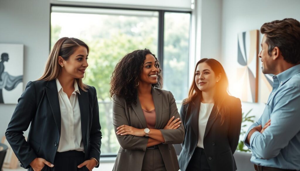 A serene and empowering scene depicting the theme of "Prevenção de Relações Tóxicas." In the foreground, a diverse group of three professional individuals, two women and one man, dressed in smart business attire, gather in a well-lit, modern office space, engaged in a supportive conversation. Their expressions convey understanding and empathy. In the middle ground, a large window reveals a lush green park, inviting a sense of peace and hope. Soft, natural light filters through the glass, creating warm highlights on the subjects. In the background, abstract art on the walls symbolizes personal growth and resilience. The overall mood is uplifting and encouraging, emphasizing the importance of healthy relationships and support networks. A serene and empowering scene depicting the theme of "Prevenção de Relações Tóxicas." In the foreground, a diverse group of three professional individuals, two women and one man, dressed in smart business attire, gather in a well-lit, modern office space, engaged in a supportive conversation. Their expressions convey understanding and empathy. In the middle ground, a large window reveals a lush green park, inviting a sense of peace and hope. Soft, natural light filters through the glass, creating warm highlights on the subjects. In the background, abstract art on the walls symbolizes personal growth and resilience. The overall mood is uplifting and encouraging, emphasizing the importance of healthy relationships and support networks.