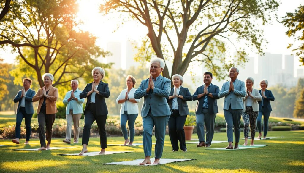 A serene and harmonious scene depicting the integration of body and mind for healthy aging. In the foreground, a diverse group of elderly individuals, dressed in professional business attire and modest casual clothing, practice yoga and meditation, showcasing mindfulness and physical wellness. The middle ground features a lush, tranquil park with soft sunlight filtering through trees, emphasizing a connection with nature. In the background, a calming skyline signifies a modern, thriving community. The atmosphere is peaceful and uplifting, with warm lighting casting gentle shadows. Capture this scene with a wide-angle lens, focusing on the expressions of joy and tranquility on the participants' faces, embodying the essence of productive aging and neuowellness. A serene and harmonious scene depicting the integration of body and mind for healthy aging. In the foreground, a diverse group of elderly individuals, dressed in professional business attire and modest casual clothing, practice yoga and meditation, showcasing mindfulness and physical wellness. The middle ground features a lush, tranquil park with soft sunlight filtering through trees, emphasizing a connection with nature. In the background, a calming skyline signifies a modern, thriving community. The atmosphere is peaceful and uplifting, with warm lighting casting gentle shadows. Capture this scene with a wide-angle lens, focusing on the expressions of joy and tranquility on the participants' faces, embodying the essence of productive aging and neuowellness.