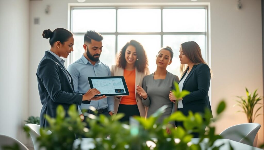 A serene and inspiring digital workspace that embodies the theme of longevity and digital strategies. In the foreground, a diverse group of three professionals, dressed in smart casual attire, engage in a collaborative discussion, examining a sleek tablet displaying data visualizations. The middle ground features a modern, minimalist desk with ergonomic design, surrounded by plants that symbolize growth and vitality. In the background, large windows reveal a bright, natural light pouring in, creating a warm and inviting atmosphere. The overall mood is one of innovation and harmony, blending technology with well-being. Capture this scene with a soft focus on the professionals, while keeping sharp detail on the tablet and furniture. Use a wide-angle lens to emphasize the spaciousness of the environment.