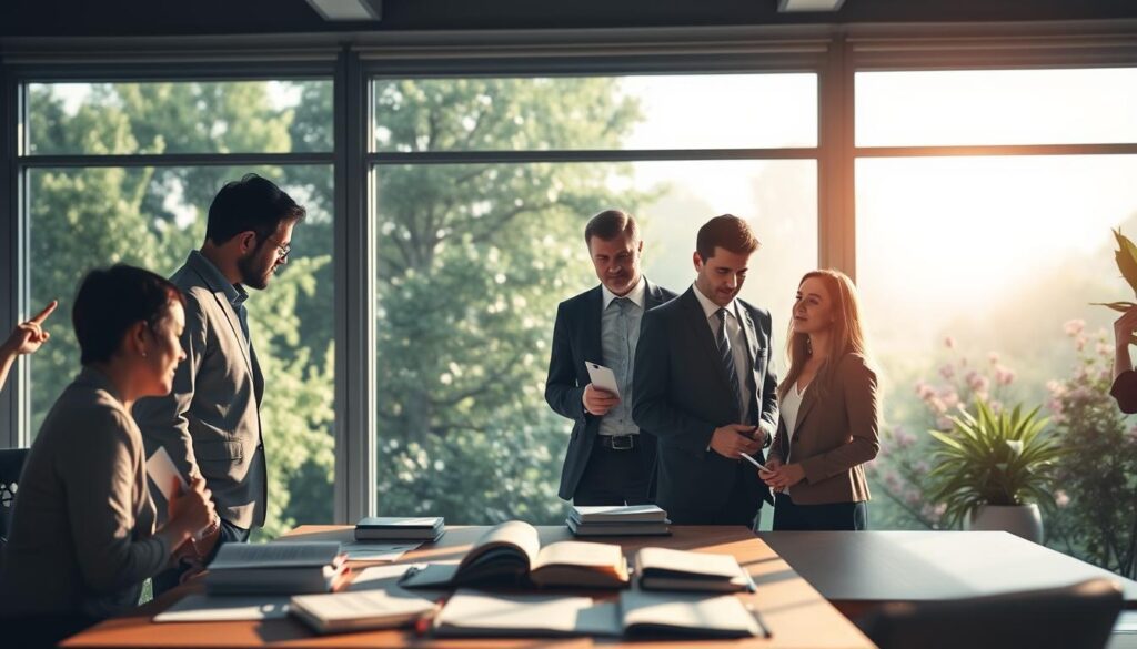 A serene and inspiring image that symbolizes the integration of knowledge from Positive Psychology and Logotherapy. In the foreground, a diverse group of professionals, including a psychologist in business attire and a life coach in smart casual clothing, engage in a discussion around a table filled with books and notes. The middle ground features a large window with soft sunlight pouring in, casting gentle shadows that create a warm atmosphere. The background showcases a tranquil garden view, symbolizing growth and purpose, with greenery and blooming flowers. The overall mood is uplifting and reflective, with soft, natural lighting that emphasizes a sense of hope and connection.