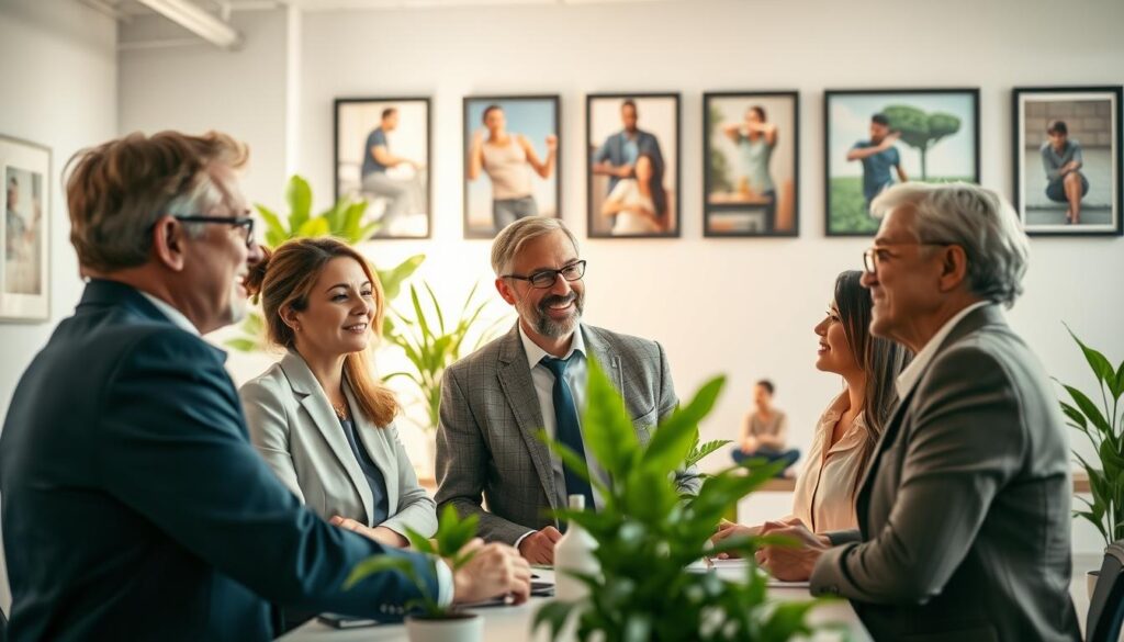 A serene and inspiring scene depicting the concept of "Applying Intelligent Longevity in Daily Life." In the foreground, a diverse group of professionals aged between 30 and 60 engage in a collaborative discussion at a bright, modern office space, dressed in smart business attire. In the middle ground, a large window allows soft, natural light to pour in, illuminating green plants and wellness gadgets like standing desks and exercise equipment. In the background, framed images of healthy lifestyle practices and community activities suggest balance and vitality. The atmosphere is one of optimism and productivity, symbolizing the integration of health and wellness into everyday routines. The camera angle is slightly elevated, capturing the dynamic interaction among the individuals while highlighting the workspace's vibrant ambiance.