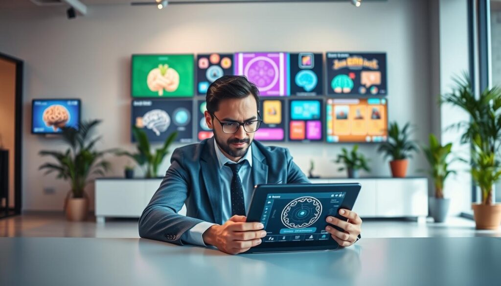 A serene and modern workspace showcasing digital resources utilized for mental health rehabilitation. In the foreground, a professional individual in smart casual attire is seated at a desk, engaging with a tablet displaying cognitive exercises and gamification elements. The middle layer features an array of colorful digital screens and interactive graphics, illustrating examples of cognitive training games. The background highlights a calming environment with potted plants and soft lighting from large windows, creating an inviting atmosphere. The image is well-lit, with a focus on the interaction between the individual and the technology. The mood conveys innovation and positivity, emphasizing the role of digital tools in enhancing mental agility.