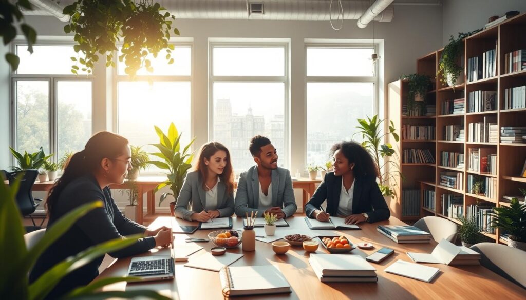 A serene, bright workspace filled with greenery, illustrating strategies for a productive and healthy life. In the foreground, a diverse group of three professionals in smart casual attire are engaging in a brainstorming session around a large table covered with planners, healthy snacks, and digital devices. In the middle ground, large windows let in abundant natural light, with sunlight casting soft shadows on the floor. Shelves lined with books on productivity and healthy living serve as a backdrop. The overall atmosphere is inviting and focused, conveying collaboration and positivity. The lighting is warm and bright, enhancing the sense of energy and motivation in the environment. The composition is shot from a slightly elevated angle to capture the dynamic interactions and vibrant surroundings.