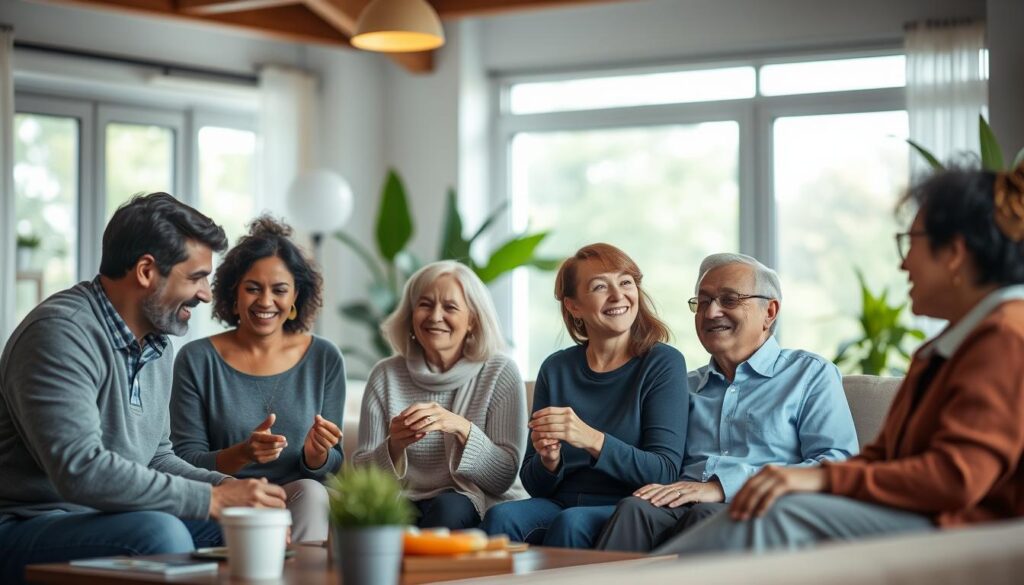 A serene indoor setting that emphasizes the physical and mental benefits of emotional bonds. In the foreground, diverse individuals of varying ages and ethnicities engage in supportive activities, such as a group sharing a laugh while playing games, and another pair enjoying a peaceful conversation with warm smiles. The middle ground features soft, natural lighting filtering through large windows, creating a cozy and inviting atmosphere. The background showcases plant life and comfortable furniture, enhancing a sense of well-being. The image captures the essence of connection, support, and joy, conveying the positive influence of strong relationships on health. Use a soft focus lens effect to evoke warmth and tranquility. A serene indoor setting that emphasizes the physical and mental benefits of emotional bonds. In the foreground, diverse individuals of varying ages and ethnicities engage in supportive activities, such as a group sharing a laugh while playing games, and another pair enjoying a peaceful conversation with warm smiles. The middle ground features soft, natural lighting filtering through large windows, creating a cozy and inviting atmosphere. The background showcases plant life and comfortable furniture, enhancing a sense of well-being. The image captures the essence of connection, support, and joy, conveying the positive influence of strong relationships on health. Use a soft focus lens effect to evoke warmth and tranquility.