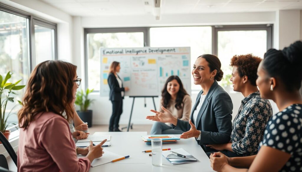 A serene office environment featuring a diverse group of individuals engaged in a collaborative workshop on emotional intelligence. In the foreground, a woman in professional attire is speaking animatedly, displaying open body language and a warm smile, while others listen intently, taking notes. In the middle ground, a whiteboard is filled with colorful diagrams and key points about emotional intelligence development. The background has soft, natural light streaming in from large windows, accentuating a calm atmosphere. The mood is encouraging and focused, with hints of greenery visible outside, symbolizing growth. Use a slightly elevated angle to capture the interactions and details from above, emphasizing the engaging exchanges between participants.