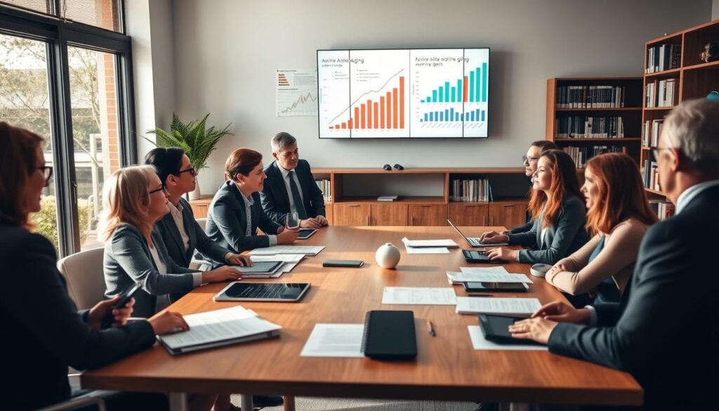 A serene office environment illustrates the influence of recent studies on active aging and health. In the foreground, a diverse group of professionals, dressed in smart business attire, are engaged in a thoughtful discussion around a large wooden table filled with research papers and digital tablets. In the middle ground, a large window allows natural light to flood the room, illuminating charts and graphs analyzing active aging trends displayed on a wall-mounted screen. In the background, shelves lined with books on gerontology and health sciences enhance the scholarly atmosphere. The scene evokes a mood of collaboration and innovation, showcasing the pioneering spirit of scientific research in advancing healthy aging. Soft light casts gentle shadows, creating an inviting and focused ambiance. A serene office environment illustrates the influence of recent studies on active aging and health. In the foreground, a diverse group of professionals, dressed in smart business attire, are engaged in a thoughtful discussion around a large wooden table filled with research papers and digital tablets. In the middle ground, a large window allows natural light to flood the room, illuminating charts and graphs analyzing active aging trends displayed on a wall-mounted screen. In the background, shelves lined with books on gerontology and health sciences enhance the scholarly atmosphere. The scene evokes a mood of collaboration and innovation, showcasing the pioneering spirit of scientific research in advancing healthy aging. Soft light casts gentle shadows, creating an inviting and focused ambiance.