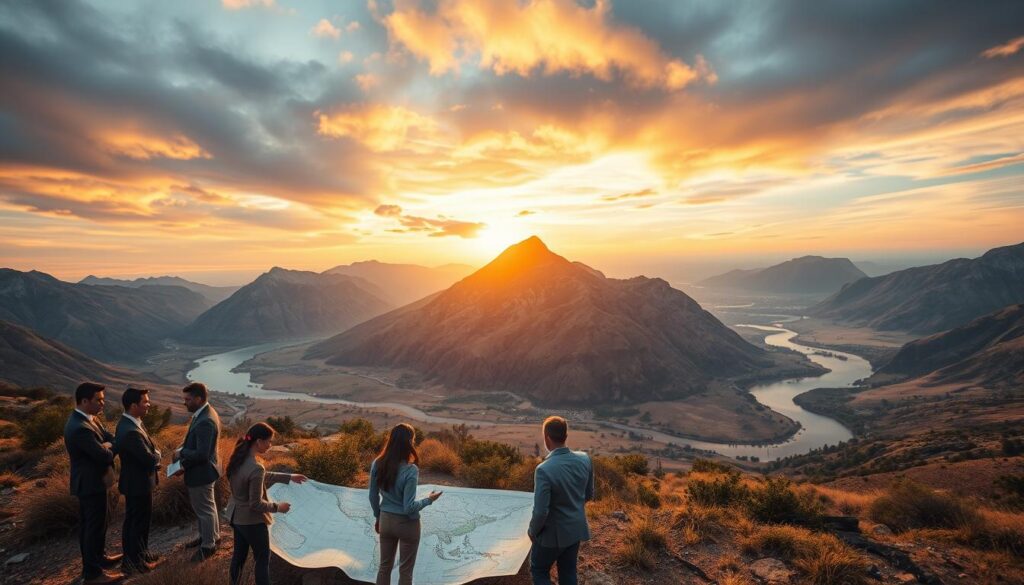 A serene yet resilient landscape depicting the theme "Challenges and Adaptation in the Face of Adversity." In the foreground, a diverse group of individuals in professional attire, embodying determination and focus, are engaged in problem-solving discussions around a large map. The middle ground features a rugged mountain range symbolizing obstacles, while a meandering river represents the journey of adaptation. In the background, the sky reflects a dramatic sunset, casting warm golden hues and contrasting cool blues, creating a hopeful atmosphere. The scene is illuminated by soft, diffused lighting, evoking a sense of tranquility despite challenges. A wide-angle perspective captures the expanse of the landscape, reinforcing the theme of resilience amid adversity.