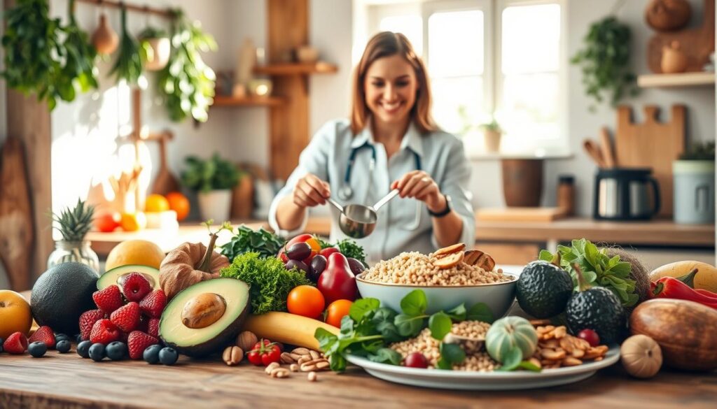 A vibrant and inviting kitchen scene showcasing healthy eating strategies. In the foreground, a wooden table filled with colorful, fresh fruits and vegetables like avocados, berries, leafy greens, and nuts. A decorative bowl of quinoa and a plate of grilled chicken or tofu are artfully arranged. In the middle, a nutrition enthusiast in professional attire is seen preparing a meal, carefully measuring ingredients with a joyful expression, emphasizing the concept of mindful cooking. The background features a cozy kitchen with warm lighting, natural wood elements, and hanging herbs, creating a homely atmosphere. Soft sunlight filters through a window, casting gentle shadows, enhancing the inviting mood. The overall composition reflects health, wellness, and the idea of conscious nutrition.