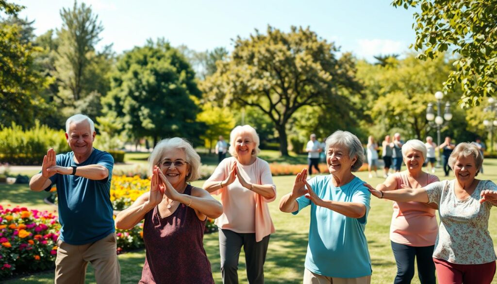 A vibrant community scene showcasing elderly individuals engaged in healthy activities in a park. In the foreground, a diverse group of seniors, dressed in active wear, are participating in tai chi, smiling and appearing joyful. In the middle, a couple enjoys a leisurely walk, while another group of seniors practices yoga under the shade of trees. The background features lush greenery, bright flowers, and a clear blue sky, conveying a sense of tranquility and vitality. Illuminate the scene with soft, natural sunlight to enhance the cheerful atmosphere. The angle should be slightly elevated, capturing both the individuals and the surrounding park environment, emphasizing community and active aging in a respectful and uplifting manner. A vibrant community scene showcasing elderly individuals engaged in healthy activities in a park. In the foreground, a diverse group of seniors, dressed in active wear, are participating in tai chi, smiling and appearing joyful. In the middle, a couple enjoys a leisurely walk, while another group of seniors practices yoga under the shade of trees. The background features lush greenery, bright flowers, and a clear blue sky, conveying a sense of tranquility and vitality. Illuminate the scene with soft, natural sunlight to enhance the cheerful atmosphere. The angle should be slightly elevated, capturing both the individuals and the surrounding park environment, emphasizing community and active aging in a respectful and uplifting manner.