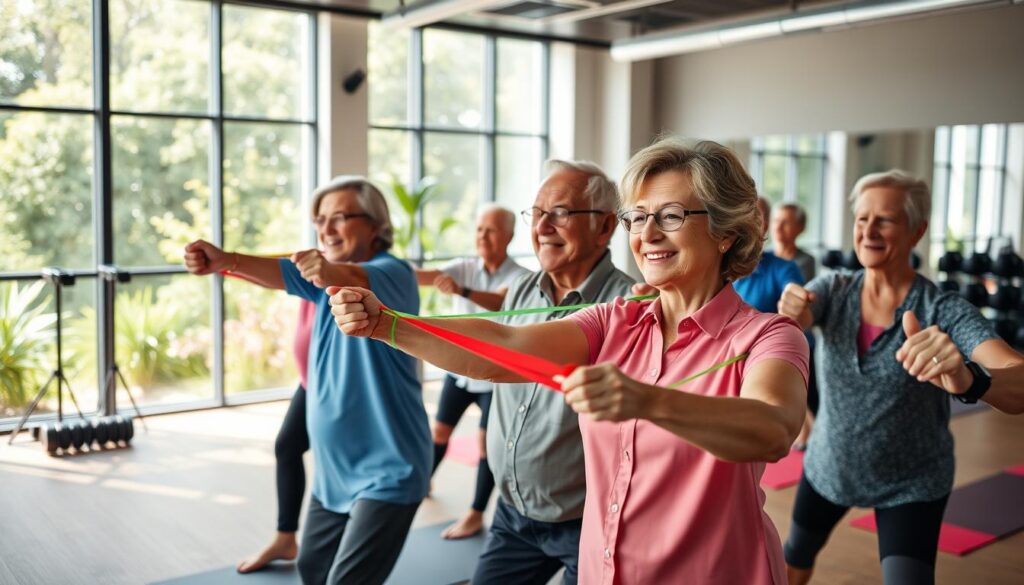 A vibrant, motivating scene showcasing elderly individuals engaged in neuromuscular training. In the foreground, a diverse group of seniors in professional casual attire exercises with resistance bands, showcasing determination and focus. The middle ground features a modern fitness studio equipped with weights and exercise mats, filled with natural light streaming through large windows, enhancing a sense of warmth and vitality. In the background, lush greenery is visible outside, symbolizing growth and longevity. The atmosphere is positive and encouraging, capturing an essence of innovation in promoting active aging. The angle is slightly elevated, providing a dynamic view of the participants’ engaged expressions, framed by the serene yet energetic environment of the studio.