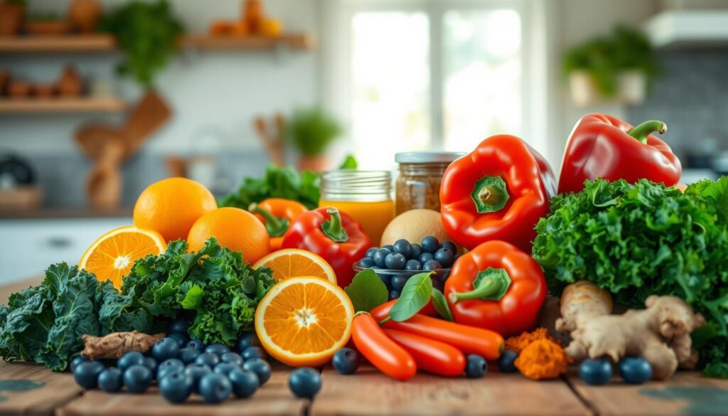 A vibrant, visually appealing arrangement of foods that enhance the immune system. In the foreground, showcase an array of colorful fruits and vegetables, such as bright oranges, deep green kale, juicy red bell peppers, and antioxidant-rich blueberries, artfully displayed on a rustic wooden table. The middle ground features jars of honey, turmeric, and ginger root, emphasizing their health benefits. In the background, softly blurred, a hint of a sunny kitchen window can be seen, allowing natural light to flood the scene, creating a warm and inviting atmosphere. The overall mood is one of wellness and vitality, inspiring viewers to appreciate the power of nutrition in combating inflammation. Ideal for a health-focused article, the image captures the essence of immune-boosting foods without any text or distractions.