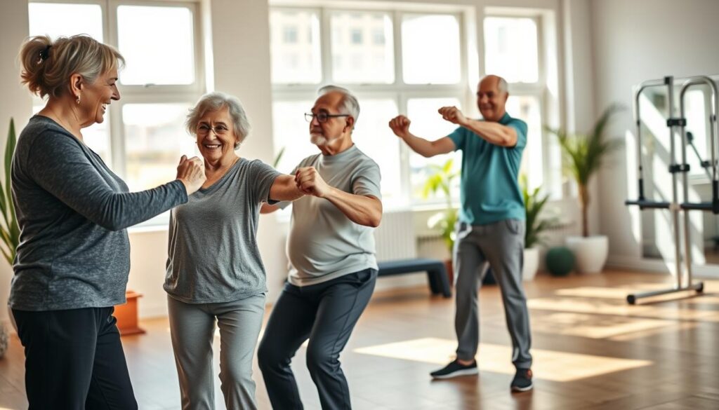 A warm and inviting scene depicting elderly individuals engaging in neuromuscular training in a well-lit, modern fitness studio. In the foreground, a cheerful, professional instructor demonstrates a balance exercise with an older woman in modest athletic wear, focusing on stability and posture. In the middle, two older men are practicing resistance training with light weights, showcasing camaraderie and encouragement. The background features bright windows letting in natural light, plants, and exercise equipment that reflects a safe and supportive environment. The overall mood is uplifting and empowering, portraying a sense of purpose and community in physical activity. The composition emphasizes health and vitality, highlighting the importance of movement in maintaining autonomy.